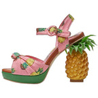 Women's Pineapple Print Platform Sandals - Thick Sole Super High Heels with Ankle Strap Closure, Open-Toe Summer Party Shoes in Pink & Green, Durable Fabric Upper & Rubber Sole for Dressy Occasions, Beachwear, Themed Events -
