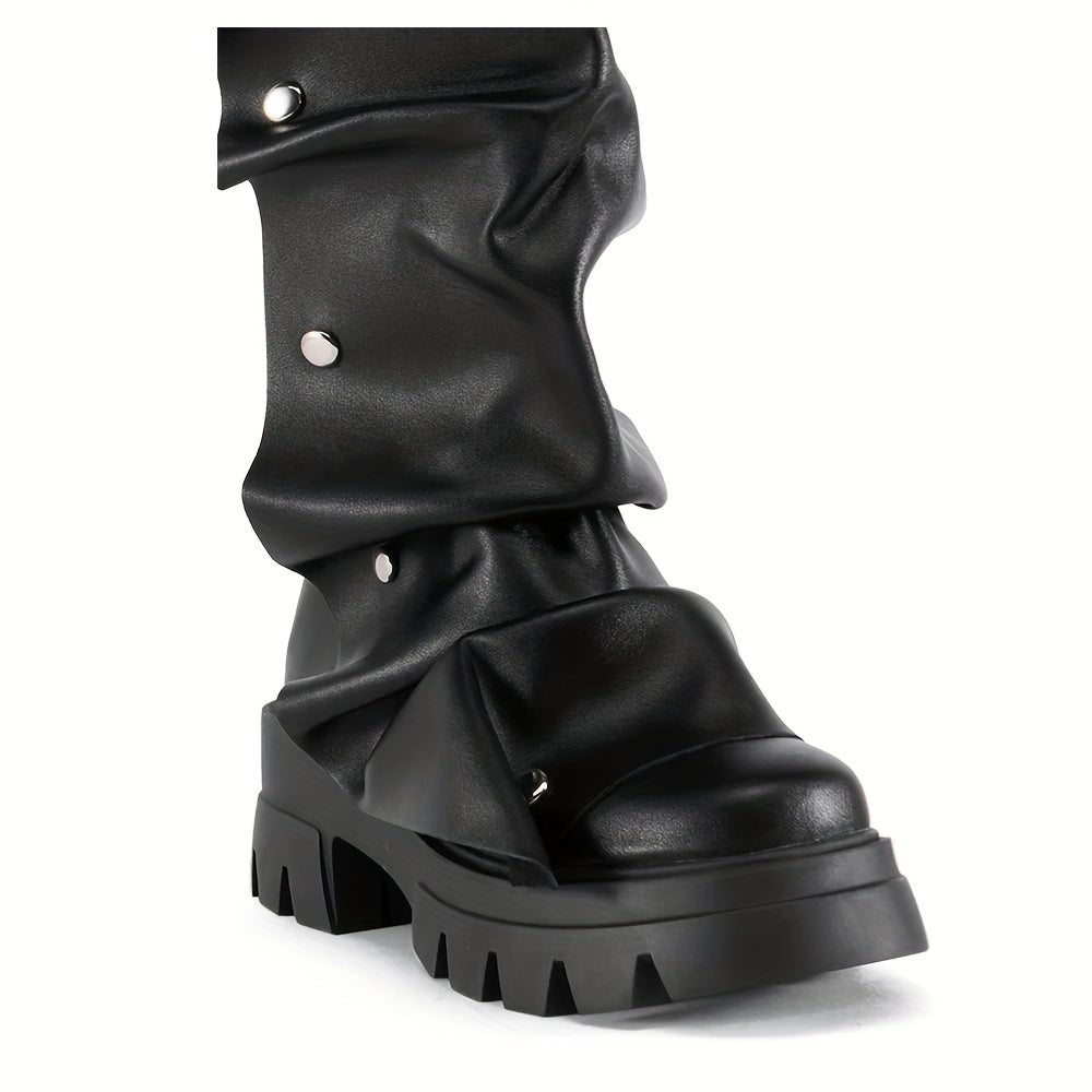 Women'S Round Toe Ruched Studded Mid Calf Chunky Heel Boots Stylish Boots Casual Dating Shoes SS69