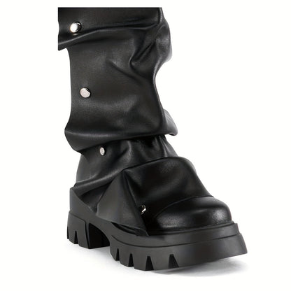 Women'S Round Toe Ruched Studded Mid Calf Chunky Heel Boots Stylish Boots Casual Dating Shoes SS69