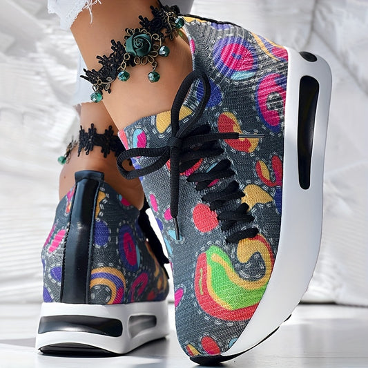 Fabric Upper Low Top Women's Fashion Sneakers, Casual Lace-up Printed Shoes, MD Sole, Fabric Lining, Random Print, All-Season - SS69