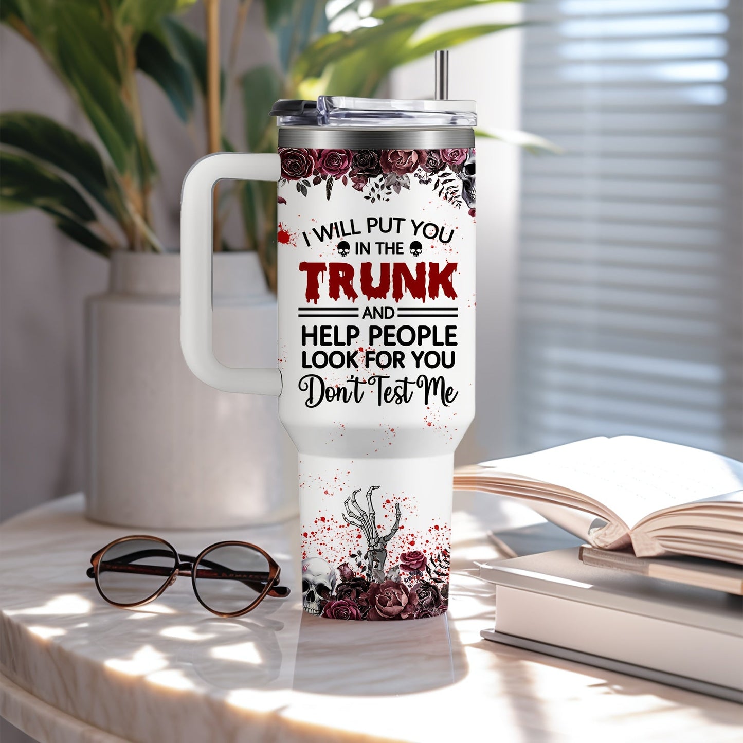 [Horror Cat Coffee Mug] Halloween Horror Cat Coffee Mug | 1pc Stainless Steel Insulated Cup 40oz with Lid & Straw, Large Capacity, White - Halloween Cat Cup SS69