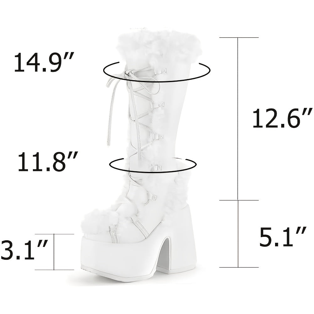 Womens Winter Punk Goth Boots - Faux Fur Lined, Side Zipper, Lace Up, Chunky Heel, Platform, Warm, Knee High, Mid Calf, Block Heel, Snow Walking Boots For Women - SS69