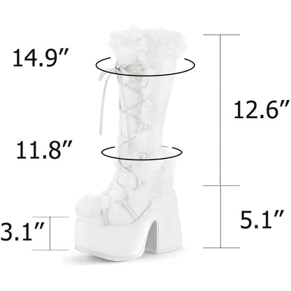 Womens Winter Punk Goth Boots - Faux Fur Lined, Side Zipper, Lace Up, Chunky Heel, Platform, Warm, Knee High, Mid Calf, Block Heel, Snow Walking Boots For Women - SS69