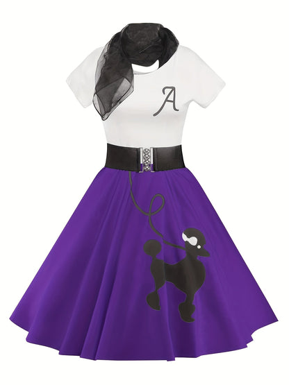 [Retro Skater Dress] Retro Poodle Print Women's Skater Dress | Vintage High Waist Rockabilly Swing Tee Cute Dresses SS69