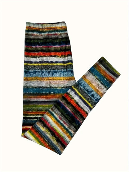 Women's High-Waisted Stretchy Casual Pants with Colorful Striped Print - 95% Polyester 5% Elastane, Machine Washable All-Season Comfort for Casual Attire SS69