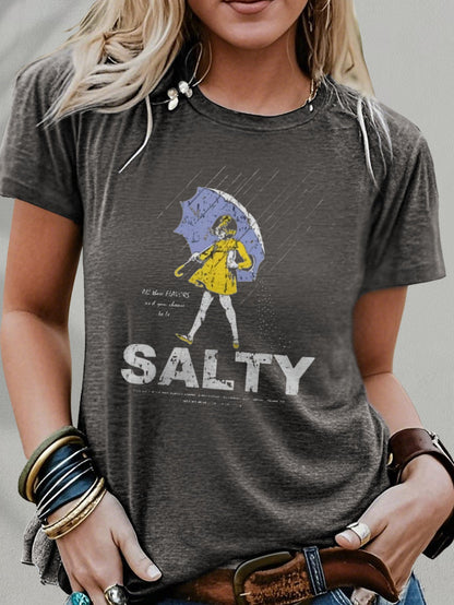 Salty with Umbrella Graphic Tee - Vintage Style Summer Beachwear for Trendy Women, Perfect for Vacation and Everyday Wear, ed T-shirt SS69