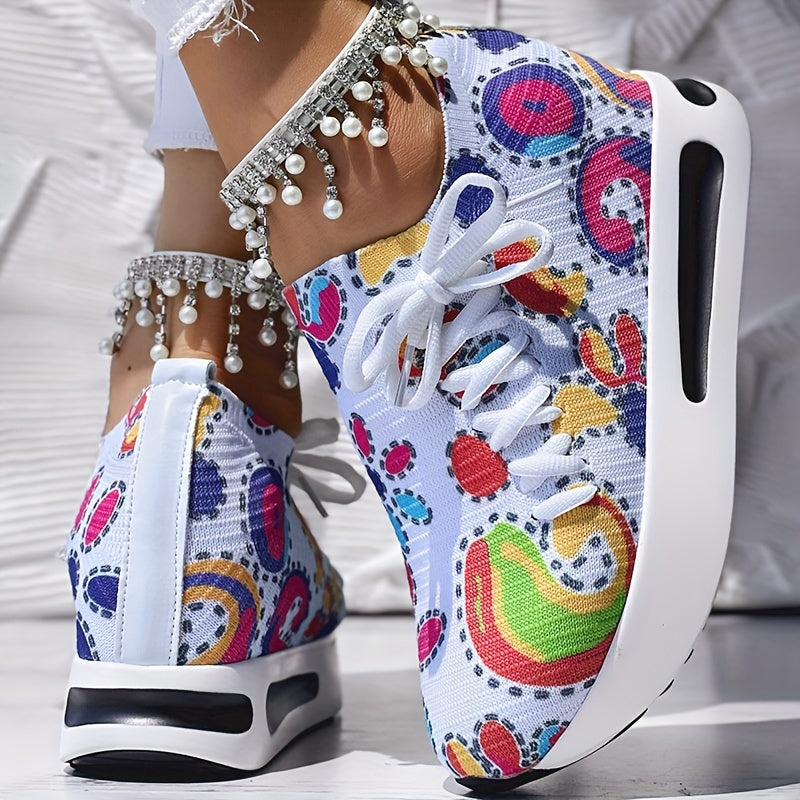 Fabric Upper Low Top Women's Fashion Sneakers, Casual Lace-up Printed Shoes, MD Sole, Fabric Lining, Random Print, All-Season SS69