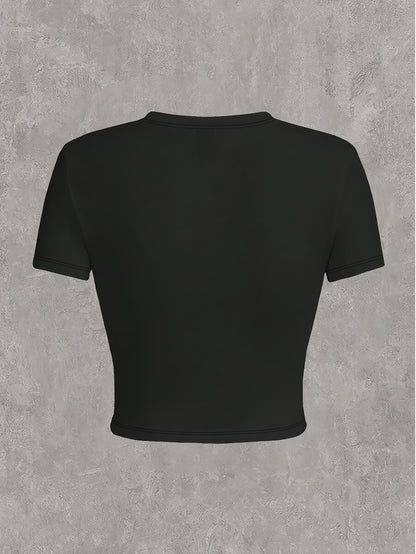 Little Devil Heart Print Crew Neck Crop T-shirt, Y2K Short Sleeve Top For Spring & Summer, Women'S Clothing - SS69