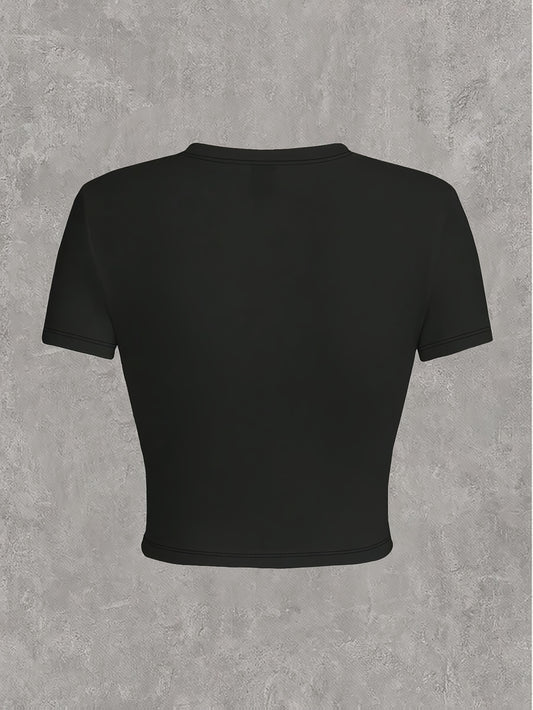 Little Devil Heart Print Crew Neck Crop T-shirt, Y2K Short Sleeve Top For Spring & Summer, Women'S Clothing - SS69