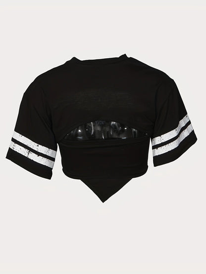 Women'S "98" Graphic Crop Top with Short Sleeves - Black, Casual Two-Piece Set with High-Waisted Jeans, Polyester Blend, Casual Attire|Graphic Crop Top|Knit Construction SS69