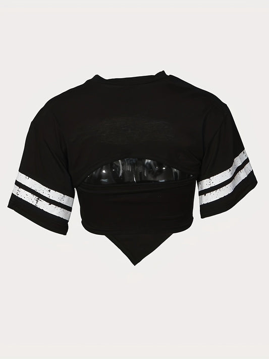 Women'S "98" Graphic Crop Top with Short Sleeves - Black, Casual Two-Piece Set with High-Waisted Jeans, Polyester Blend, Casual Attire|Graphic Crop Top|Knit Construction SS69