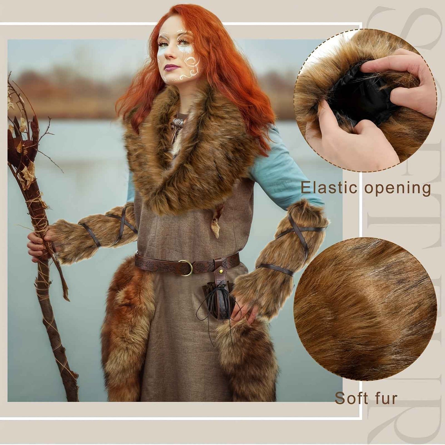 Ancient Warrior, Viking-Inspired Costume Set - 11pcs With Faux Fur Collar, Belt, Medieval Pouch, Leg & Hand Warmers For Halloween Party, Halloween Costumes