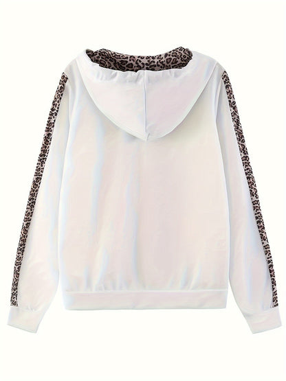 Two-piece Set, Long Sleeve Leopard Print Zip Up Hoodie & Drawstring Pants Outfits, Women's Casual Clothing SS69