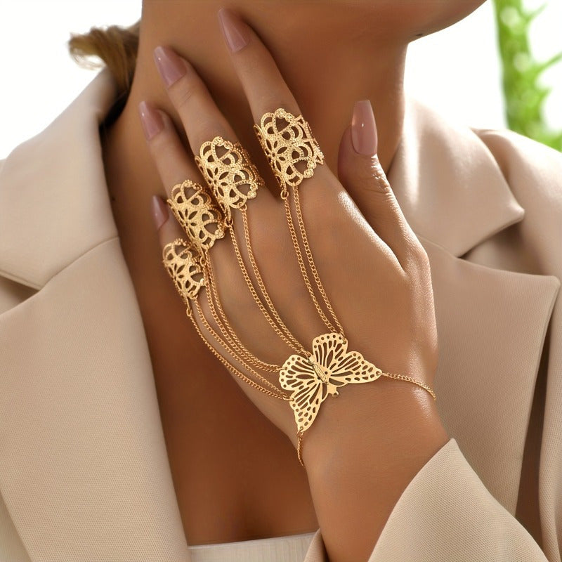 1pc Boho Punk Style 14K Golden Plated Copper Hand Chain, Exaggerated Butterfly Finger Ring Bracelet for Women, Versatile Jewelry for Daily and Banquet Occasions, All-Season Accessory SS69