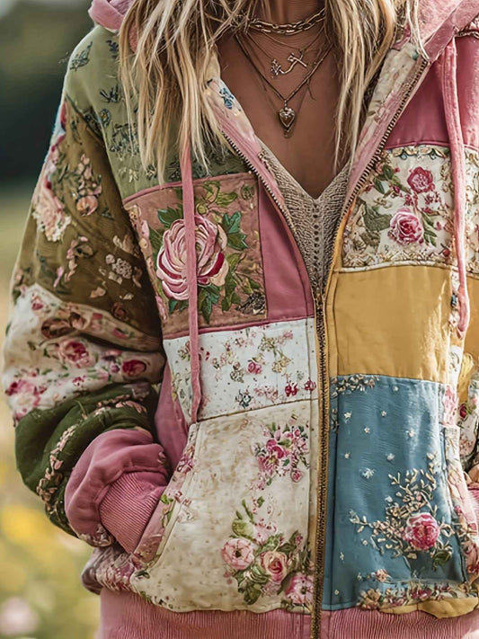Plus Size, Women's Plus Size Vintage Bohemian Floral & plant print Hooded Jacket/Sweatshirt - Elegant Loose Fit Oversized Coat with Full-Length Zipper, H-Line Silhouette for Fall Winter Spring, Machine Washable for easy care