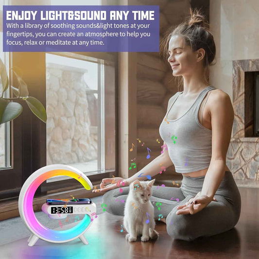 RGB Night Light with 256 Color Changes Fast Wireless Charging Phone Bedside Lamp Ambient Lighting Bluetooth Speaker Alarm Simulation Clock Timer Desktop Decor Smart Home for Samsung for iPhone 17 AirPods Sunrise Simulation Fu