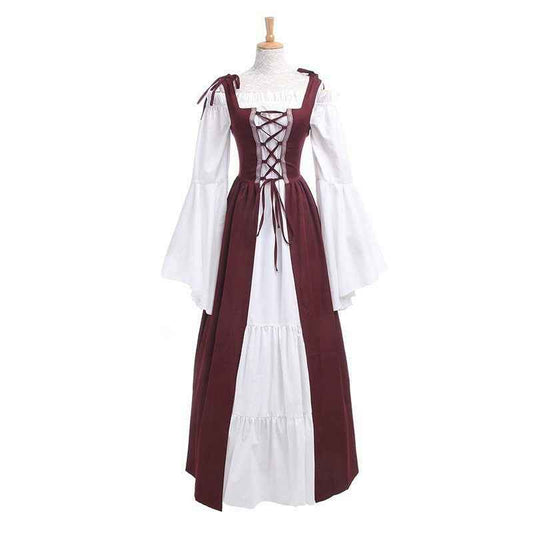 [Elegant Medieval Costume] Elegant Women's Medieval Two-Piece Costume - Renaissance Drama Outfit with Corset-like Bodice & Long Flowing Skirt | Halloween, Renaissance Faire, Themed Parties | Burgundy/White, Black/White, Green