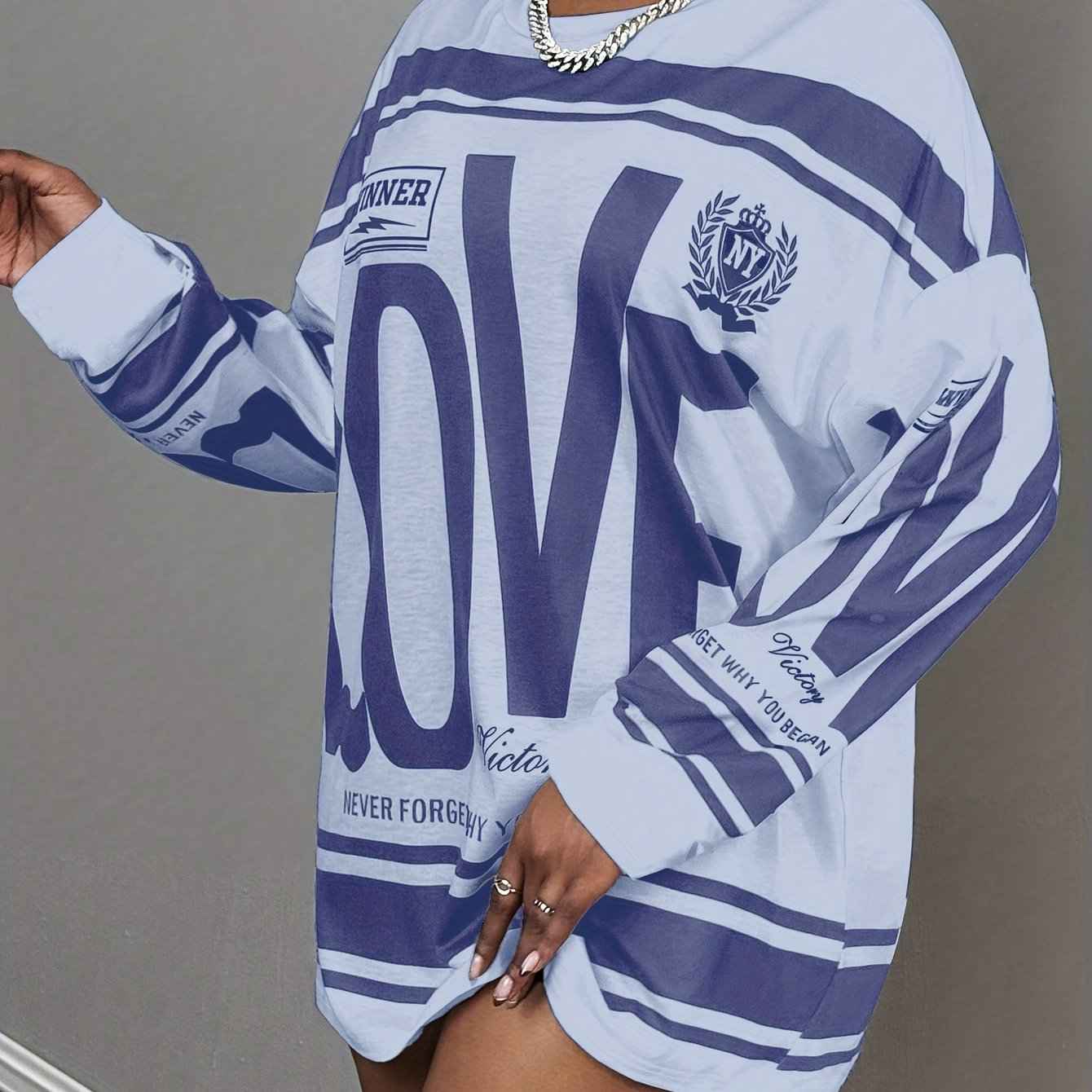 Plus Size - Plus Size - Plus Size - Plus Size - Plus Size Women'S Oversized "LOVE" Letter Print Long Sleeve T-Shirt - Casual Streetwear Style with Pink & Stripes, Comfortable Fabric For All Seasons, Versatile Fashion Top, Plu