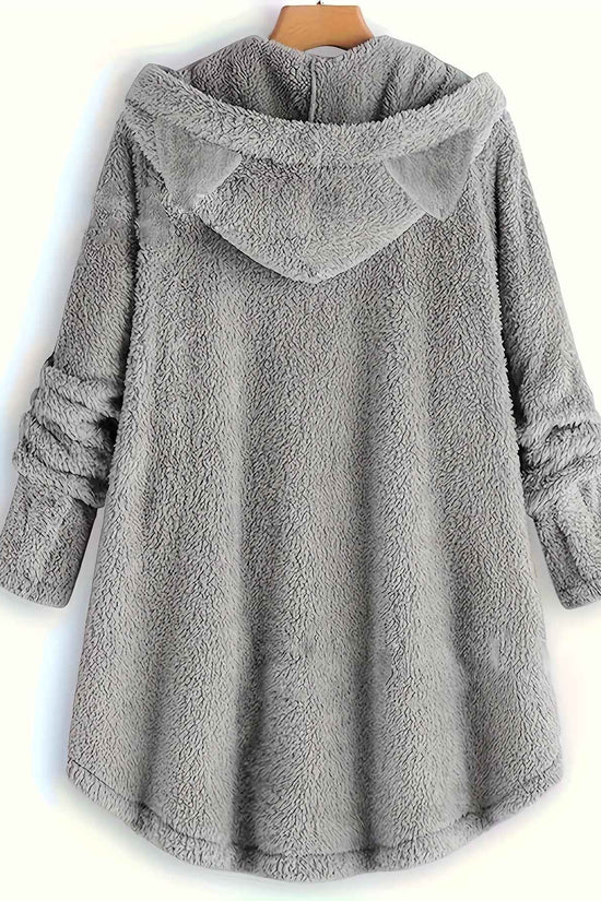 Plus Size - Women'S Plus Size Casual Teddy Hoodie with Cat Ears and Button Details | Long Sleeve, Asymmetrical Hem, Fall/Winter, Animal Print, Pullover Style