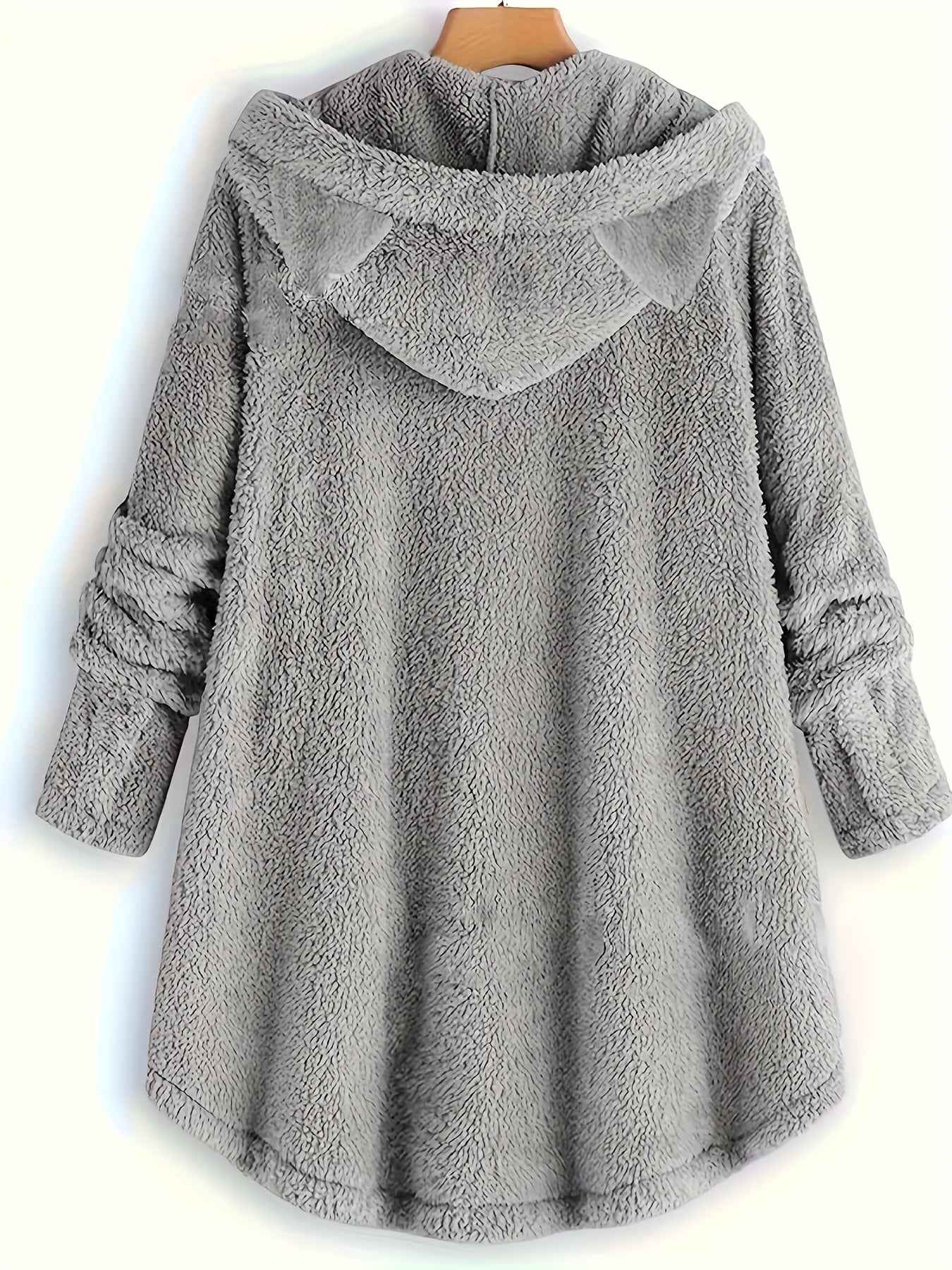 Plus Size - Women'S Plus Size Casual Teddy Hoodie with Cat Ears and Button Details | Long Sleeve, Asymmetrical Hem, Fall/Winter, Animal Print, Pullover Style