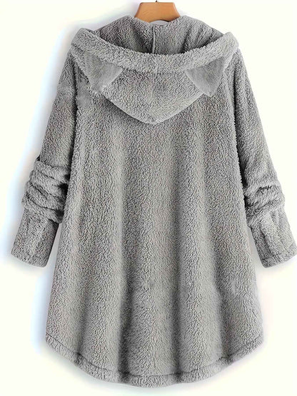 Plus Size - Women'S Plus Size Casual Teddy Hoodie with Cat Ears and Button Details | Long Sleeve, Asymmetrical Hem, Fall/Winter, Animal Print, Pullover Style