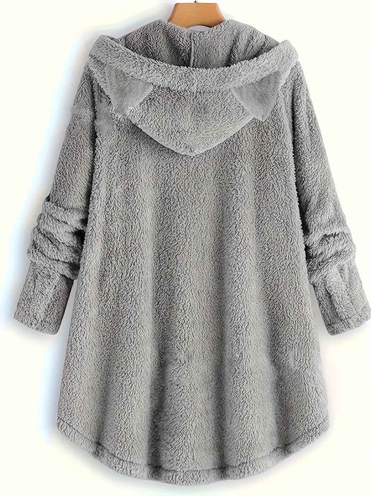 Plus Size - Women'S Plus Size Casual Teddy Hoodie with Cat Ears and Button Details | Long Sleeve, Asymmetrical Hem, Fall/Winter, Animal Print, Pullover Style
