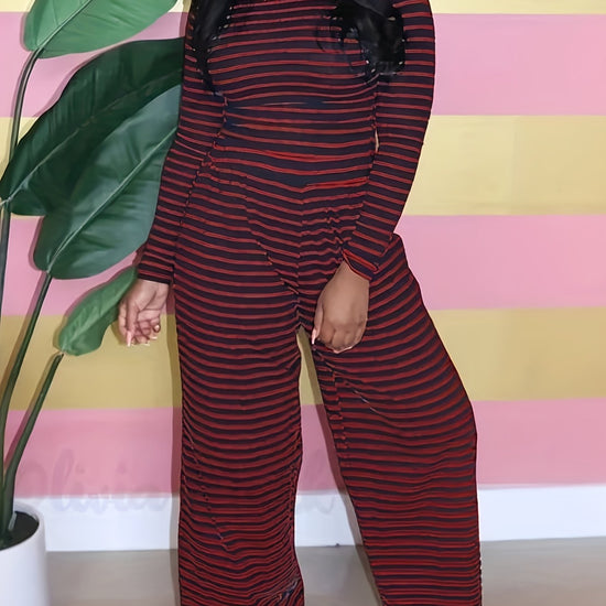 Women's Fashion Striped Clothes Top And High Waist Wide Legs Pants Set SS69 17.69 【Red】 / XXL