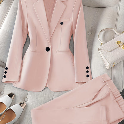 Women'S Casual Two-Piece Set, Fashionable Business Style, Solid Color, Long Sleeve, Polyester, with Lapel Collar, and Pants, for All Seasons SS69 56.69 Pink Red Color / XXL