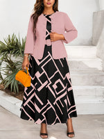 [Elegant Two-Piece Set] Elegant Plus-Size Women's Solid Color Jacket & Printed Vest Skirt Two-Piece Set