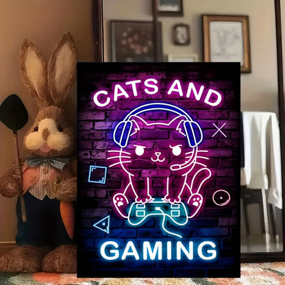 Room Decor 1pc Chic Cat and Neon Gaming Canvas Print Poster, Vibrant Wall Art Decor, Unique Creative Animal & Cartoon Themed Canvas Artwork, 30.48cm x 40.64cm with Frameless for Living Room, Bedroom, Office, Dining Room, Wate SS69