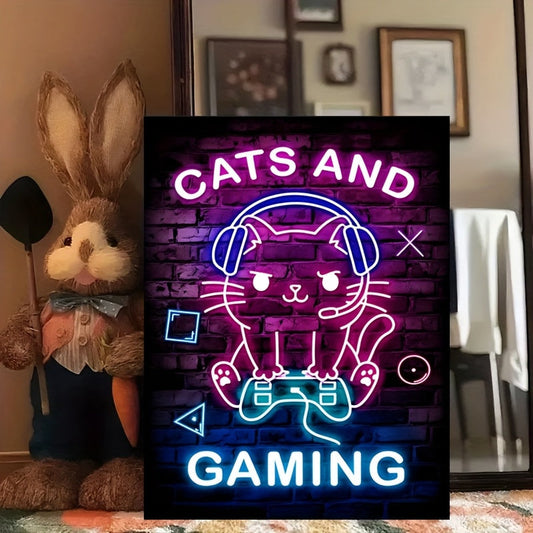 Room Decor 1pc Chic Cat and Neon Gaming Canvas Print Poster, Vibrant Wall Art Decor, Unique Creative Animal & Cartoon Themed Canvas Artwork, 30.48cm x 40.64cm with Frameless for Living Room, Bedroom, Office, Dining Room, Wate SS69