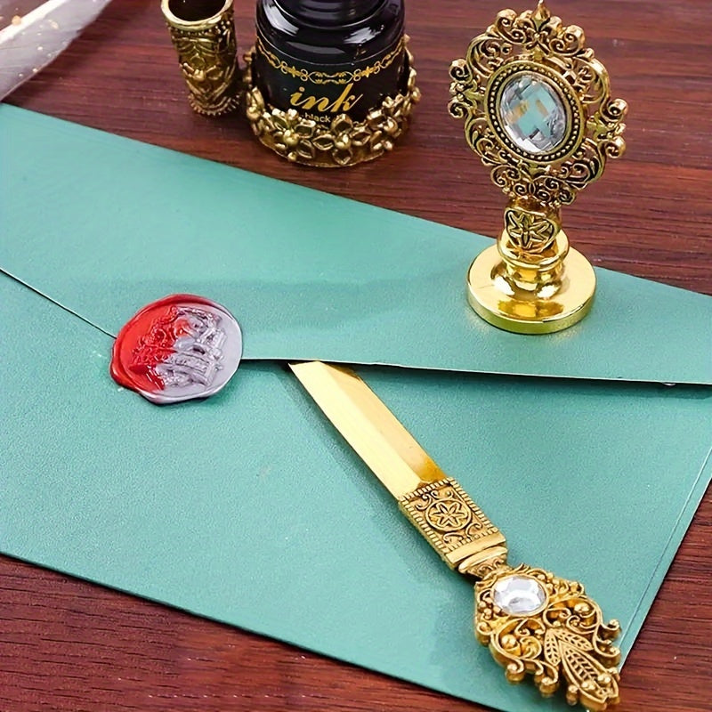 Antique Vintage Quill Pen and Ink Set - Gem Feather Pen Set with Glass Dip Pen, Wooden Dip Pen, Fire Lacquer Wax Beads, Spoon, Seal Stamp, Candle, Pen Base, Cup - Unique Gift for Writers, Artists & History Enthusiasts - Perfe SS69