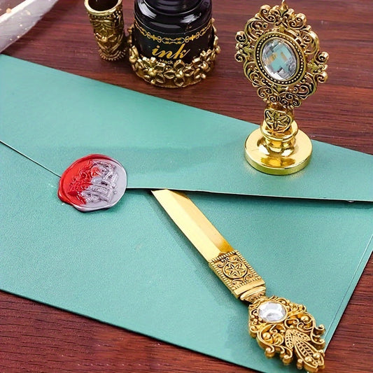 Antique Vintage Quill Pen and Ink Set - Gem Feather Pen Set with Glass Dip Pen, Wooden Dip Pen, Fire Lacquer Wax Beads, Spoon, Seal Stamp, Candle, Pen Base, Cup - Unique Gift for Writers, Artists & History Enthusiasts - Perfe SS69