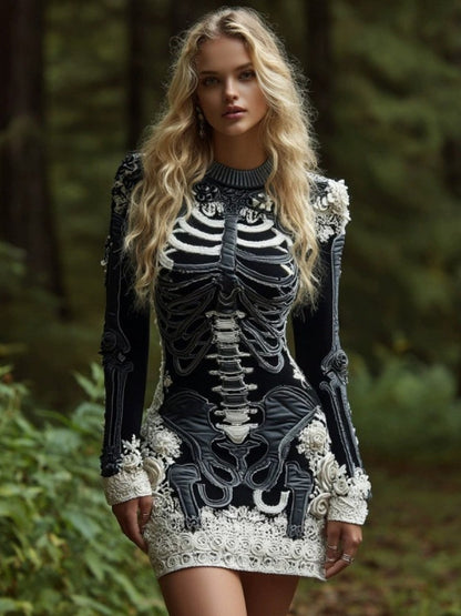 Women's Gothic 3D Skull & Bone Sweater - Off-Shoulder Winter Warm Crewneck Pullover with Lace-like Sleeve Patterns, Retro Vampire Costume Top for Halloween & Themed Parties (Hand Washable) SS69