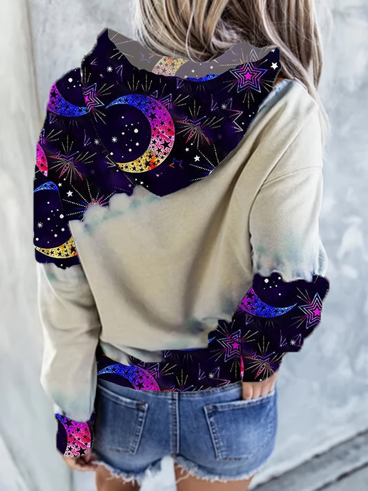 Casual Long Sleeve Moon & Tree Print Drawstring Hoodie - Kangaroo Pocket Sweatshirt for Women SS69