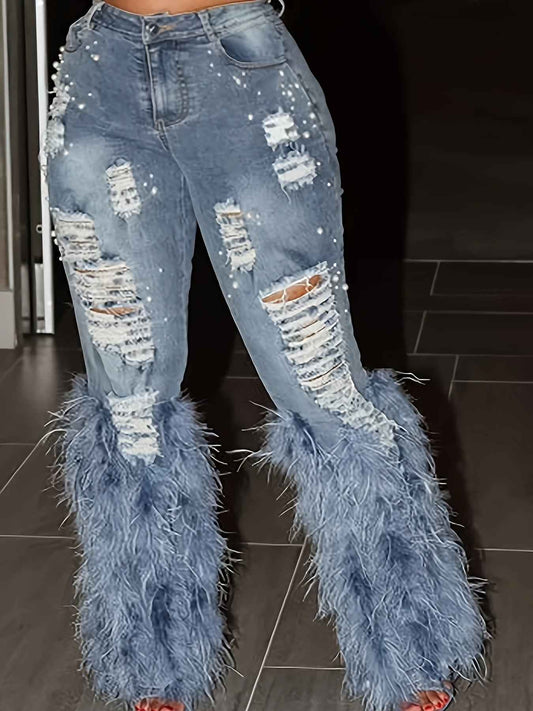 Denim Ripped Design Pearl Embellished Jeans