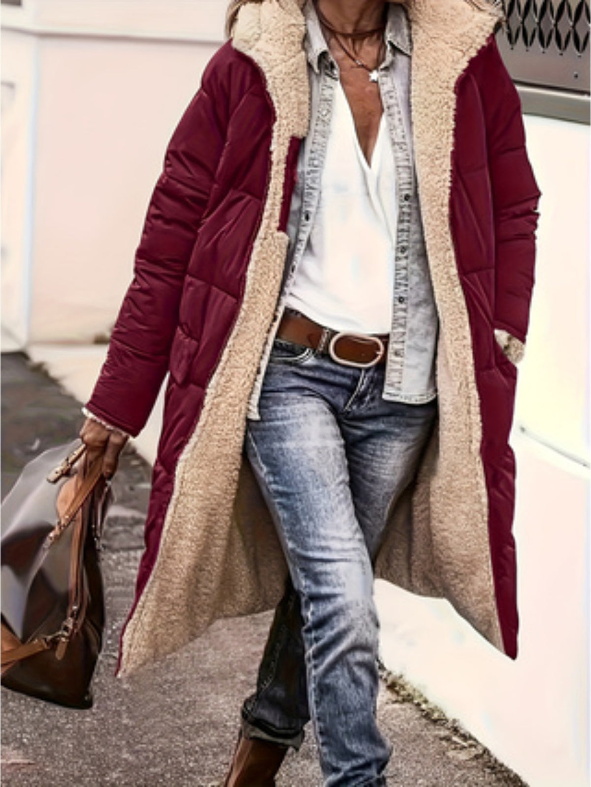 Plus Size, Plus Size Women's Elegant Quilted Teddy Parka Coat - Dual-Sided Hooded Winter Jacket with Full-Length Zipper, A-Line Silhouette & -Sweeping Hem, Machine Washable Outerwear