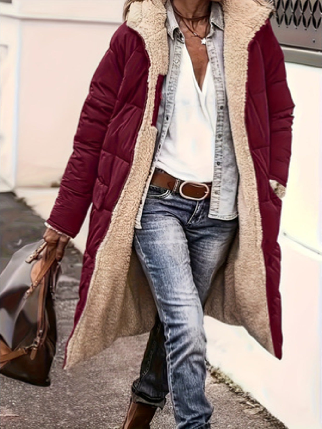 Plus Size, Plus Size Women's Elegant Quilted Teddy Parka Coat - Dual-Sided Hooded Winter Jacket with Full-Length Zipper, A-Line Silhouette & -Sweeping Hem, Machine Washable Outerwear