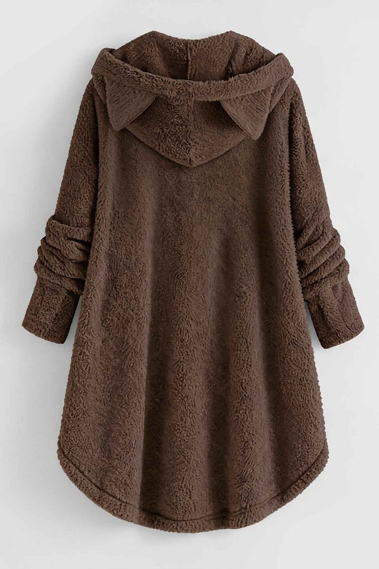 Plus Size, Women's Plus Size Cat Print Button Detail Hem Plush Casual Long Sleeve Hooded Sweatshirt