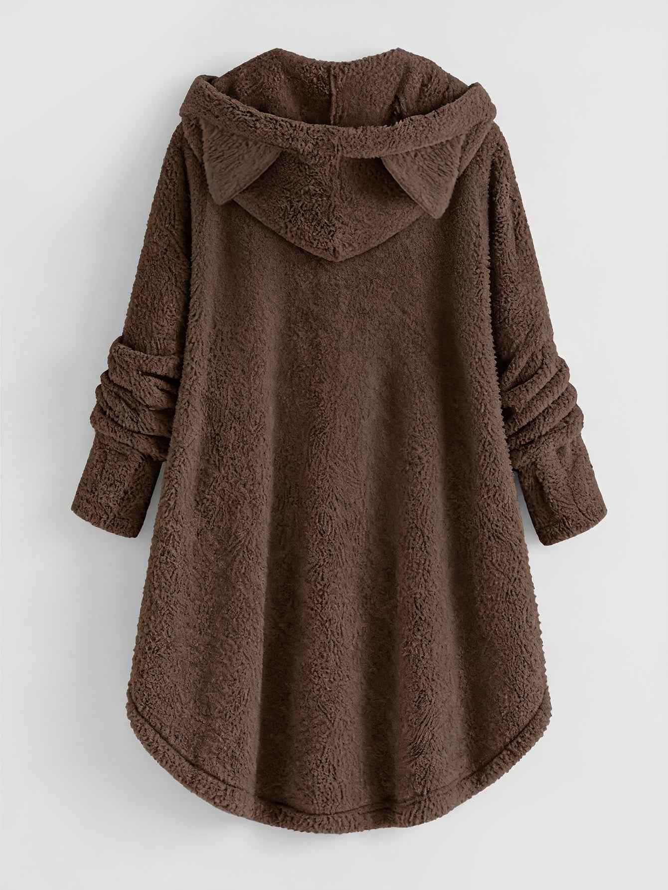 Plus Size, Women's Plus Size Cat Print Button Detail Hem Plush Casual Long Sleeve Hooded Sweatshirt