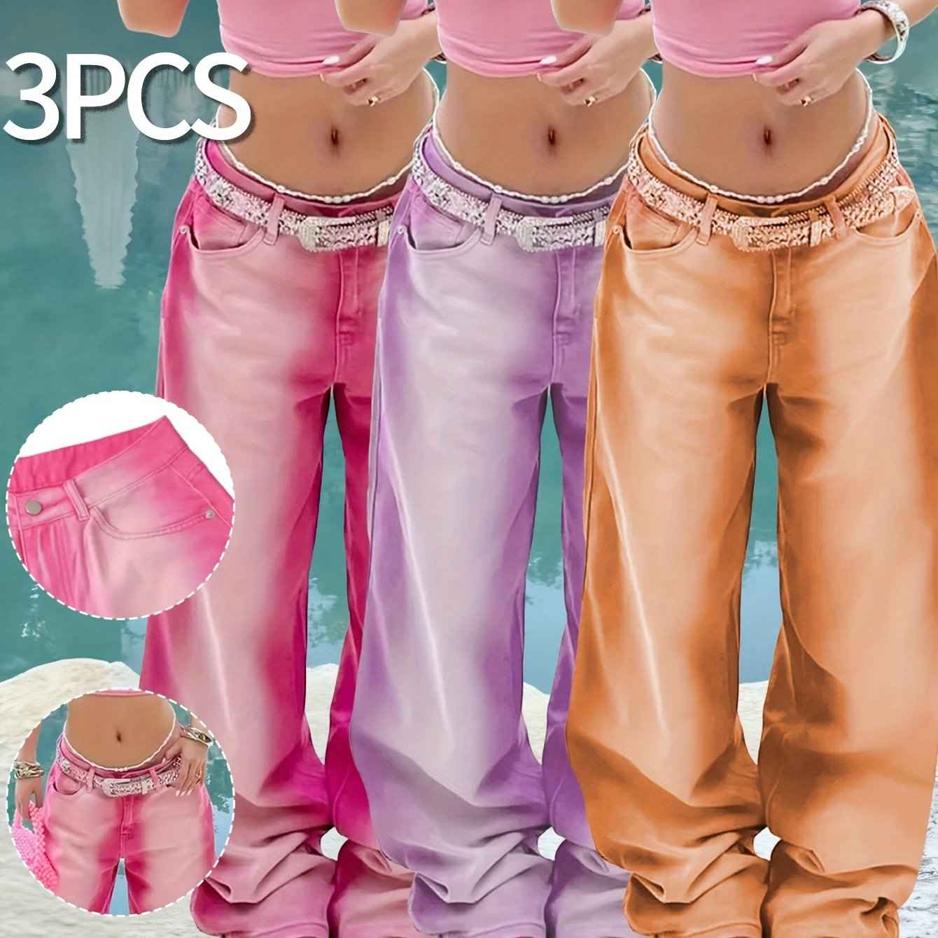 Women's 3pcs Novelty Pants, Macaron Color, 2025 Fall/winter New Arrival, High-waisted Straight-leg Jeans, And Loose Fit, Extremely Versatile, Comfortable And Body-hugging, Suitable for s And Casual Occasions