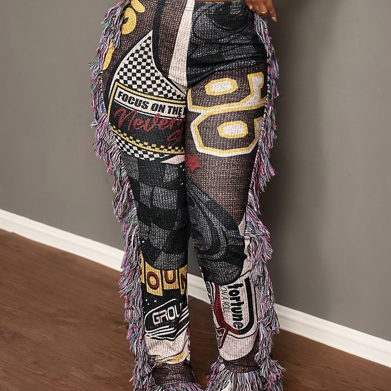 [Vibrant Graphic Pants] Vibrant Graphic Women's Straight-Leg Pants | Fringe Hem & Tassel Details, All-Season Machine Washable Comfort for Casual Attire SS69 20.69 Mixed Color / M