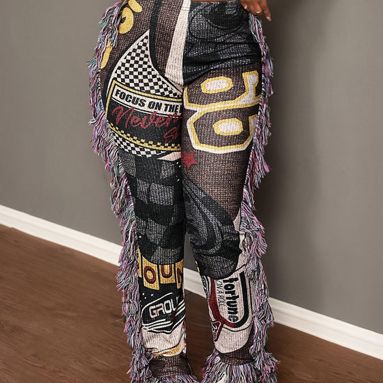 [Vibrant Graphic Pants] Vibrant Graphic Women's Straight-Leg Pants | Fringe Hem & Tassel Details, All-Season Machine Washable Comfort for Casual Attire SS69 20.69 Mixed Color / M