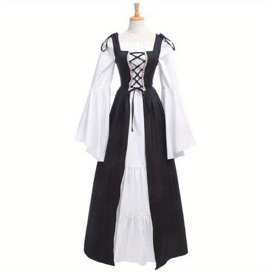 [Elegant Medieval Costume] Elegant Women's Medieval Two-Piece Costume - Renaissance Drama Outfit with Corset-like Bodice & Long Flowing Skirt | Halloween, Renaissance Faire, Themed Parties | Burgundy/White, Black/White, Green