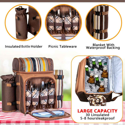Picnic Basket Backpack With Insulated, Leak-proof Cooler Compartment, Wine Rack, Cutlery Set, and Free Cashmere Blanket, Suitable For 2-4 People, Great Winter Outing Item, Christmas Gift, New Year's Gift, Couple's Gift