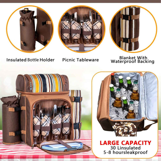Picnic Basket Backpack With Insulated, Leak-proof Cooler Compartment, Wine Rack, Cutlery Set, and Free Cashmere Blanket, Suitable For 2-4 People, Great Winter Outing Item, Christmas Gift, New Year's Gift, Couple's Gift