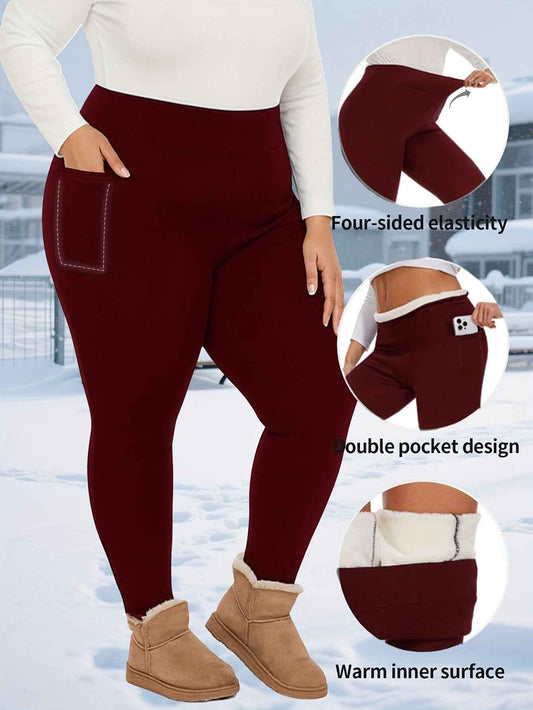 Plus Size, Women's Thermal Full-Length Leggings with Pockets - High-Elasticity Snug-Fit Pants for Winter Warmth, Solid Color Casual Wear Suitable for Home,, & Outdoor