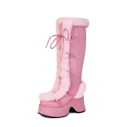Women's Y2K Goth Boots/Faux Fur Knee-High Platform Winter/Chunky Heel & Lace-Up Closure/Warm Pink Furry Collar/Square Toe/Thick Rubber Sole & PU Cover/Cozy Snow Boots for Christmas, Parties & Casual Attire/Cold Weather Footwe