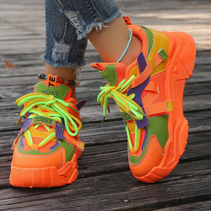 Fashionable Round-Toe Lace-Up Chunky Dad Shoes, Versatile Casual Women'S Footwear, Slip-Resistant Color-Blocked Running Shoes. SS69