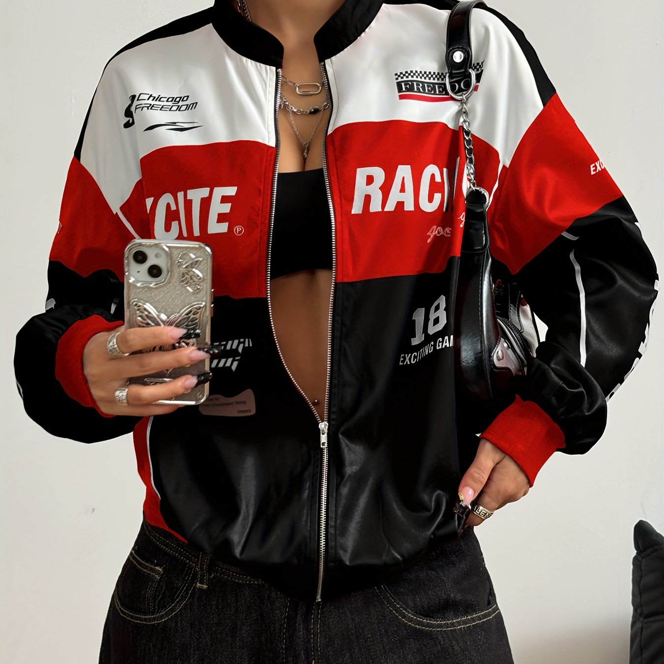 Women'S Vintage-Inspired Letter Print Bomber Jacket - Long Sleeve Zip-Up with Stand Collar, Lightweight Polyester, Black & White Design, Casual Chic for All Seasons SS69 23.69 Mixed Color 1 / XL